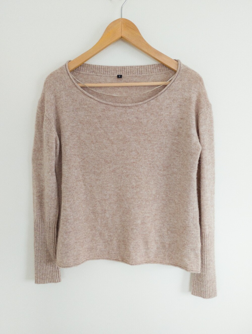 Australian Wool Blend Wide Scoop Neck Knit Sweater Beige Tan Small